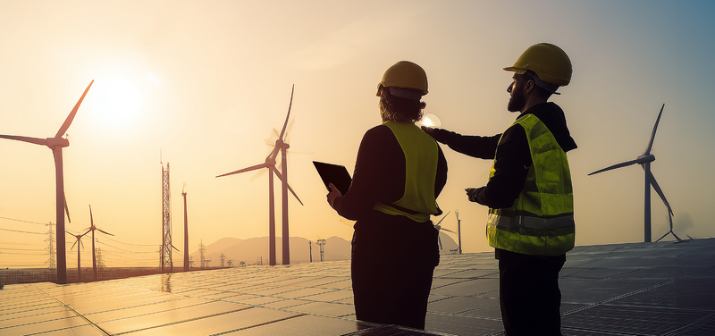 Two engineers in high-visibility vests and hard hats standing on a solar panel field with wind turbines in the background.